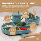 Yum Yum's Baby 10 Pcs Blue Weaning Set - Complete Toddler Feeding Kit w/Sectioned Plate, Suction Bowls, Cutlery with Mouth Guard, Straw Cup, Bib & Mat - Non-Slip - for Toddlers & Baby Gift
