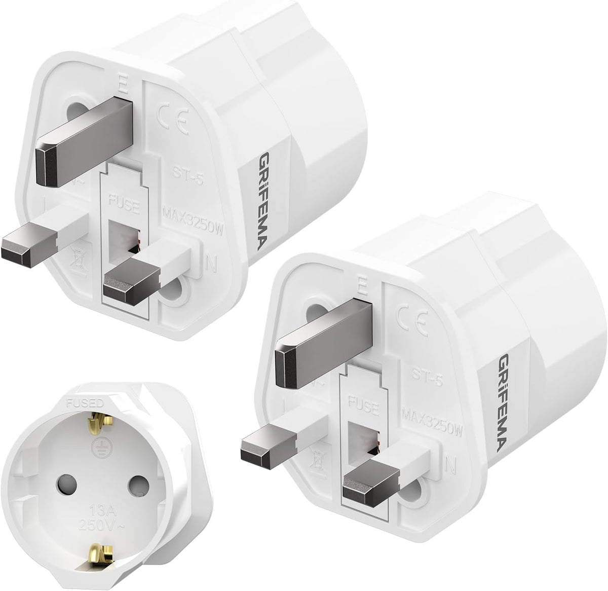 GRIFEMA EU to UK Plug Adapter with 13A Fuse 2 Pack