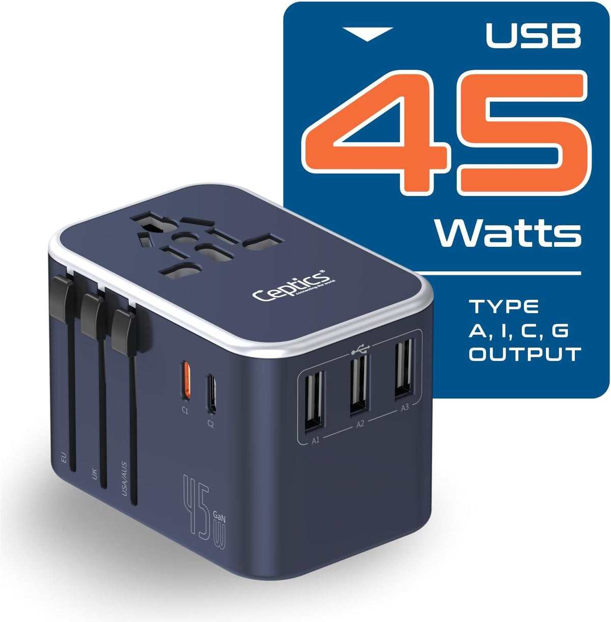 Ceptics 45W Universal Travel Adapter w/ 3 USB-A, 2 USB-C & Universal Input