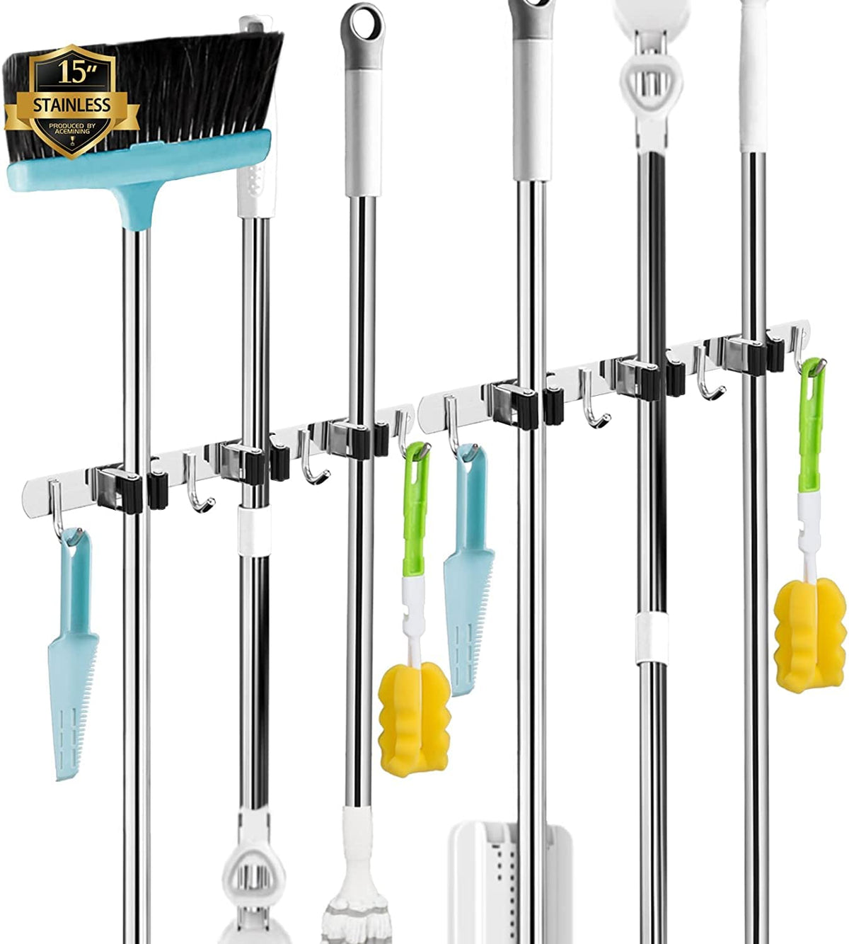 AceMining Broom Holder Wall Mount, 5 Racks 4 Hooks Heavy Duty Mop Organizer
