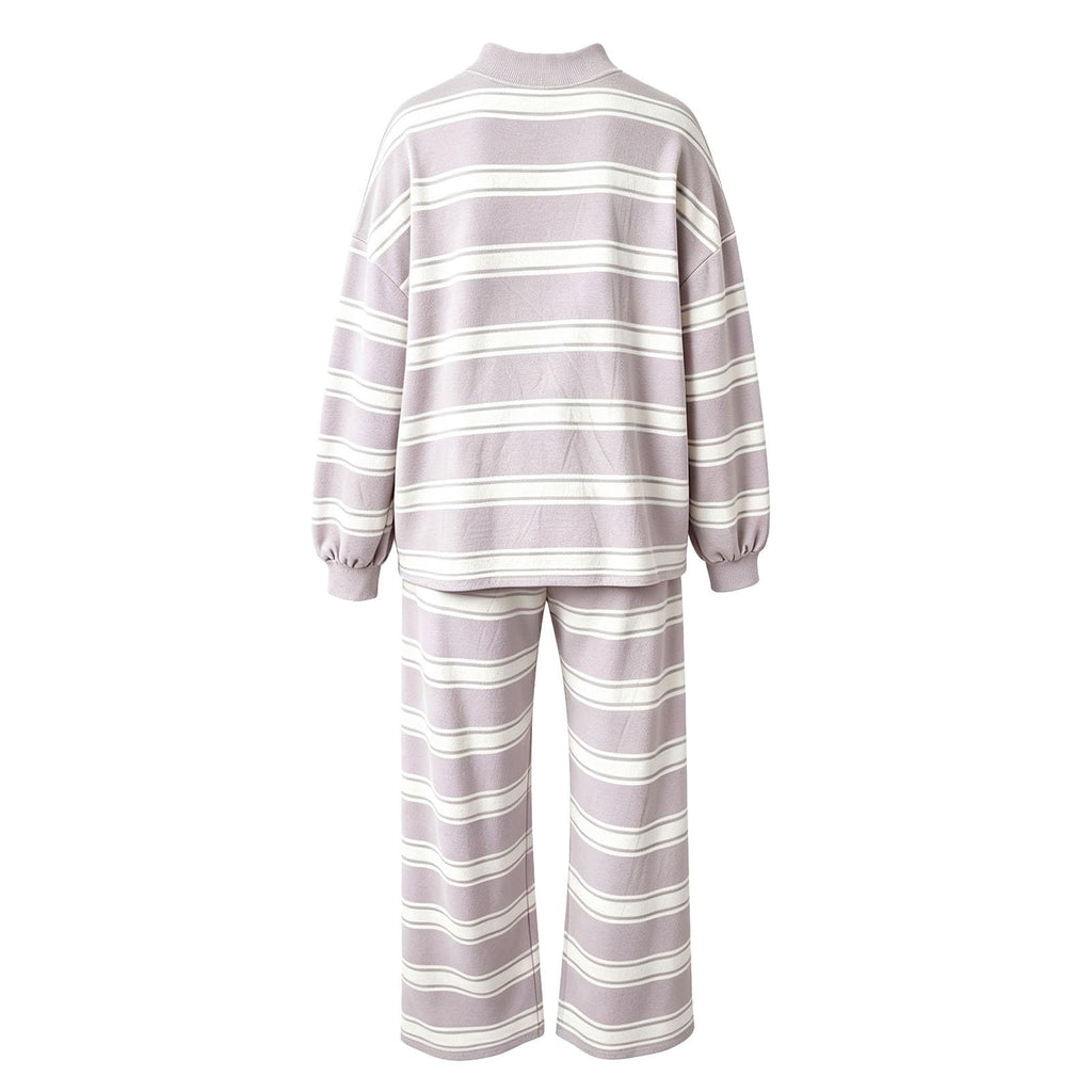 Striped Lounge Wear Sets for Women UK 2 Piece Outfits Loungewear Travel Matching Pyjamas Sets Mock Neck Oversized Knitted Jumper Long Sleeve Top and Wide Leg Pants Fall Winter