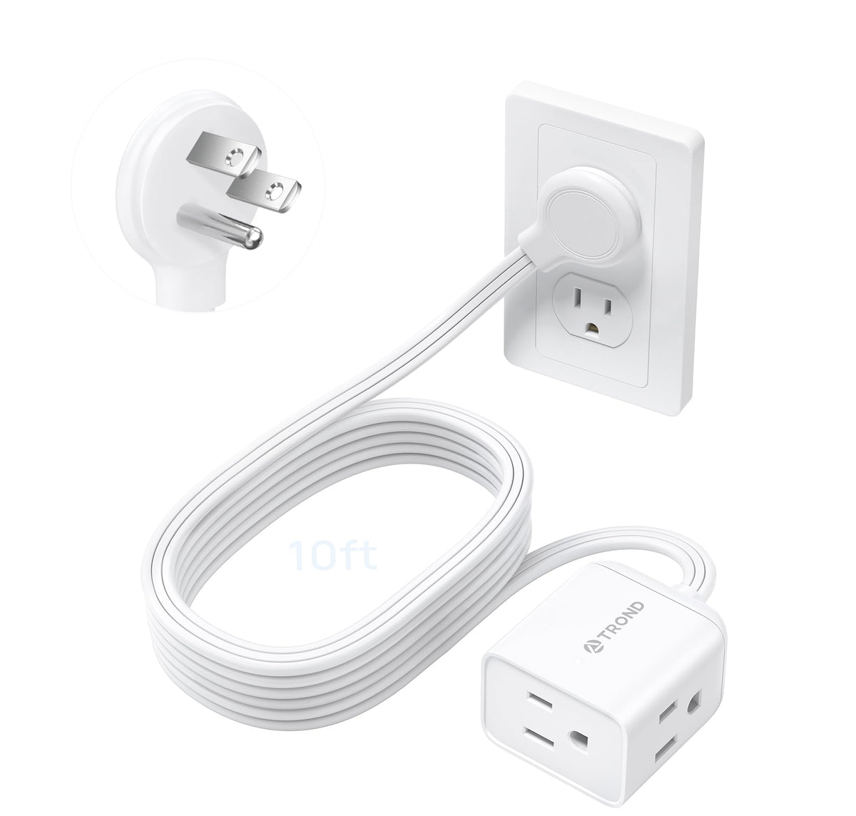 TROND Rightward Flat Plug Extension Cord 6ft for Small Tight Spaces, White