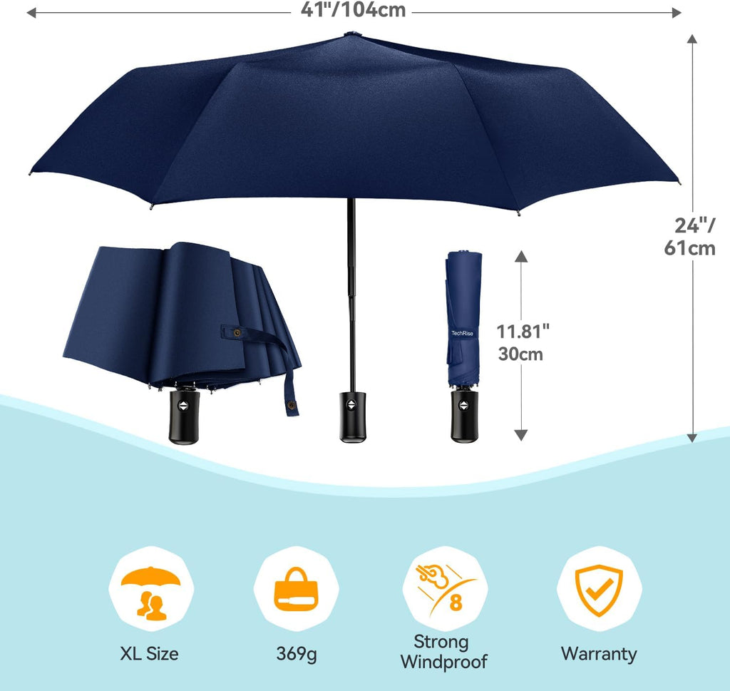 TechRise Umbrella, Compact Strong Windproof Automatic Umbrellas, Folding Lightweight, Portable Travel Golf Umbrella for Rain
