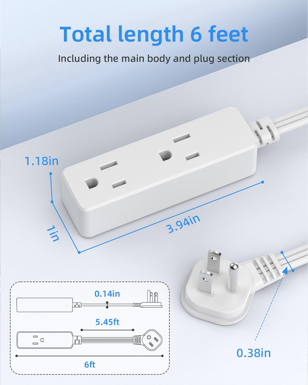 Flat Plug Extension Cord with 3 Outlets - 1Ft Low Profile Indoor 3 Prong Grounded Power Strip for Home Office & Travel - 16 AWG 13A/1625W, Black