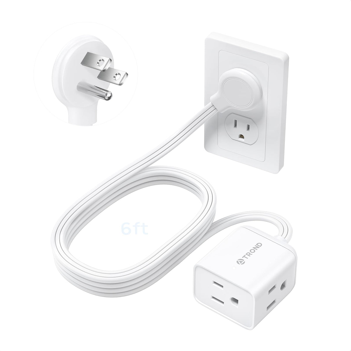 TROND Rightward Flat Plug Extension Cord 6ft for Small Tight Spaces, White
