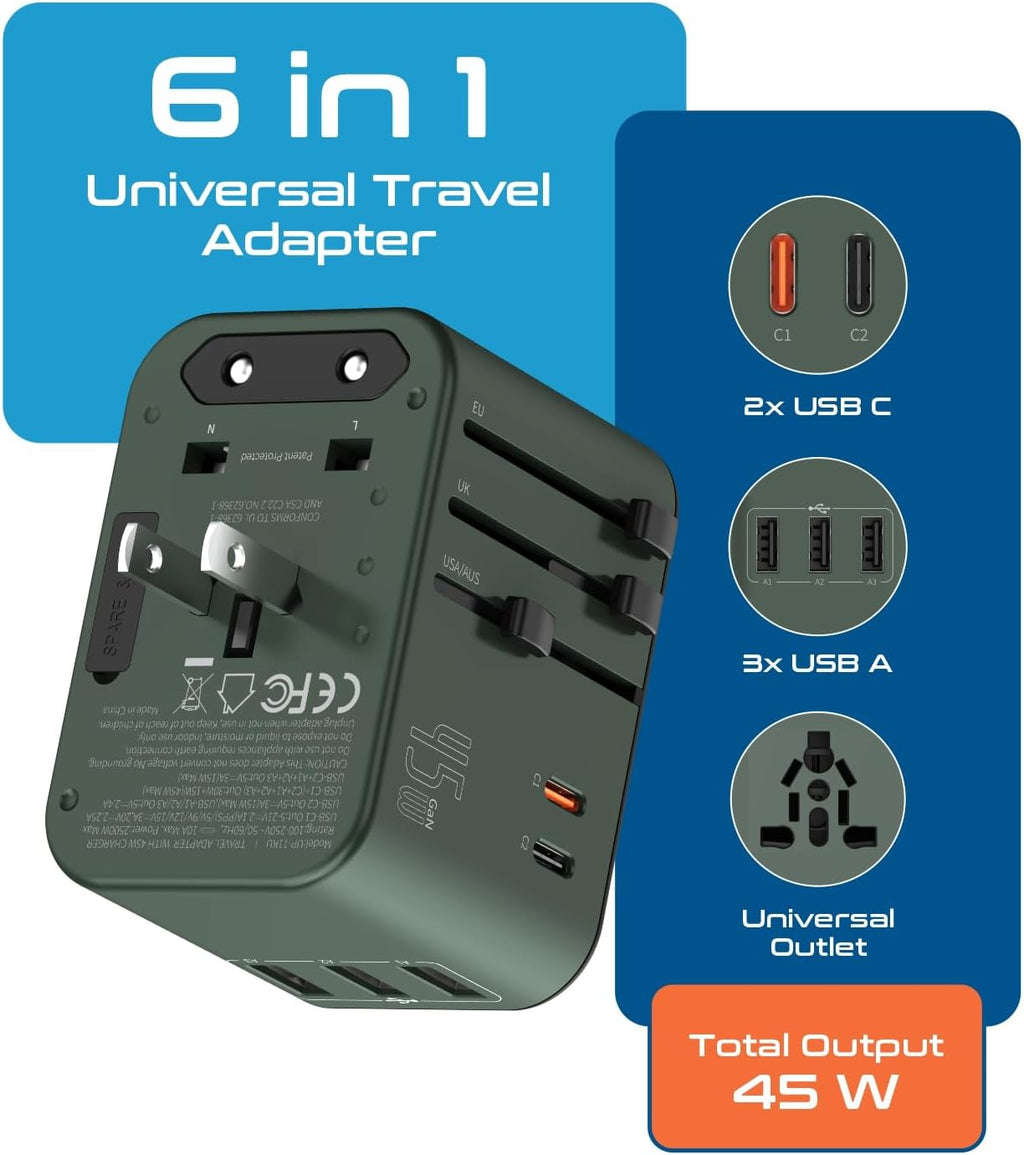 Ceptics 45W Universal Travel Adapter w/ 3 USB-A, 2 USB-C & Universal Input