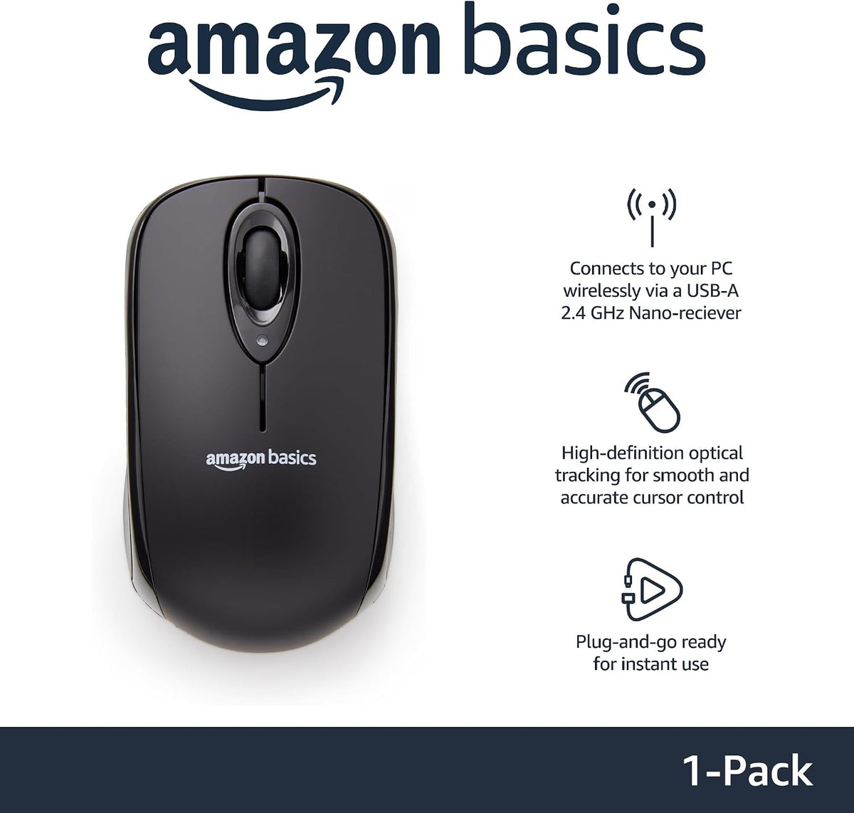 Amazon Basics Wireless Mouse for Laptop, 2.4GHz with USB Nano Receiver – Black