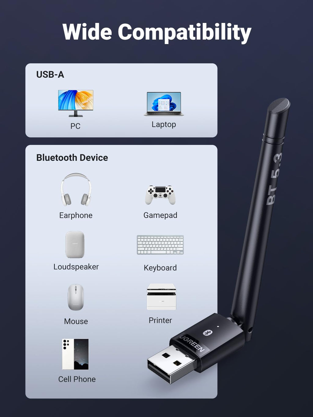 UGREEN Bluetooth 5.4 Adapter, USB Bluetooth Dongle for PC, Plug & Play