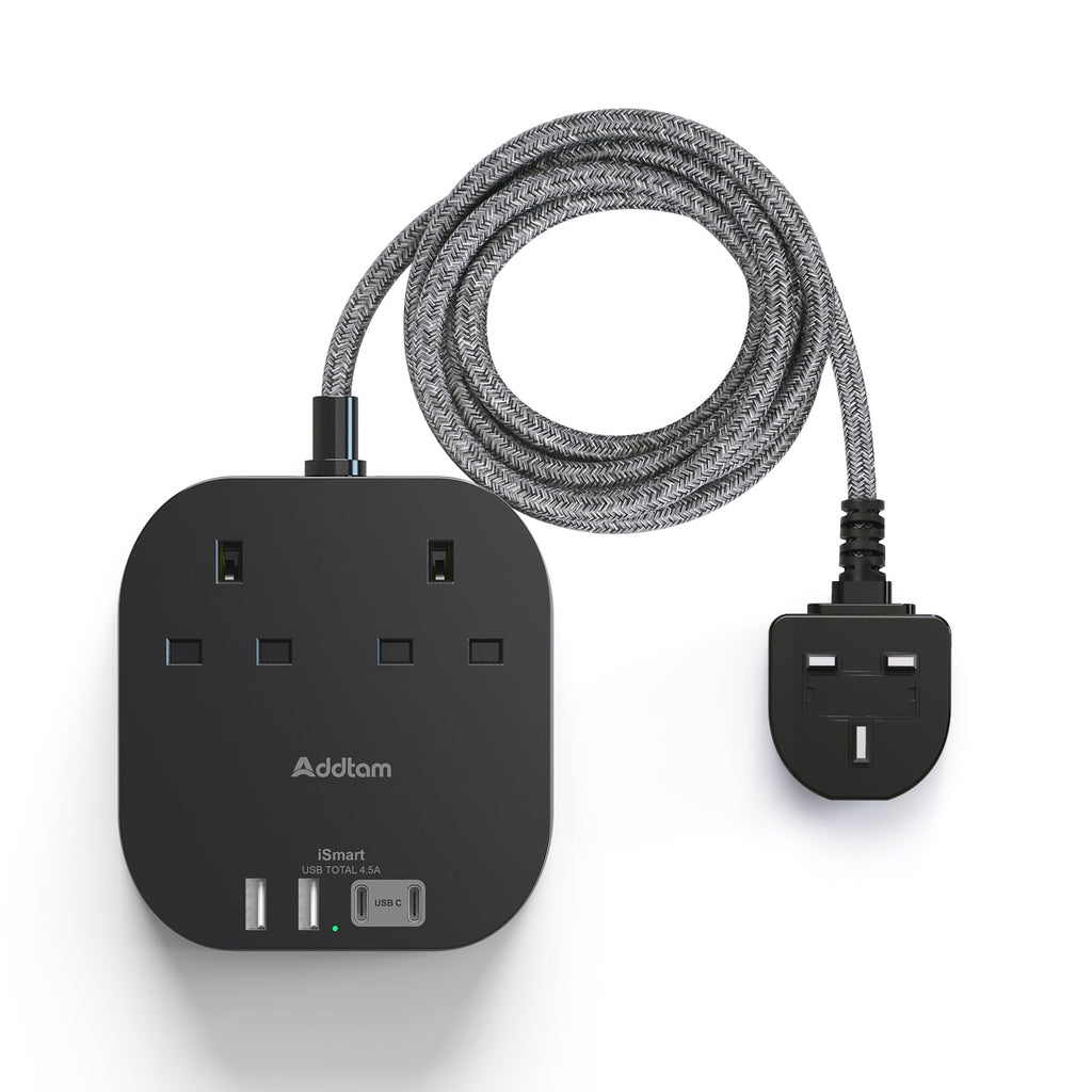 Addtam Extension Lead with USB Slots, Power Strips with 2 Way Outlets 4 USB