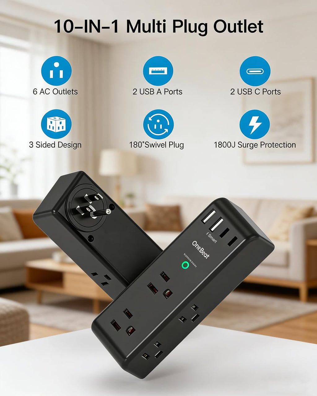 Surge Protector Outlet Extender with Rotating Plug, Multi Plug Wall Outlet