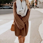 Winter Jumper Dresses for Women UK - Long Sleeve Autumn Casual Dress Ladies Plain Elegant Christmas Tunic Dresses with Pockets Knee Length Round Neck Fluffy Sweatshirt Comfy Pullover Sweater