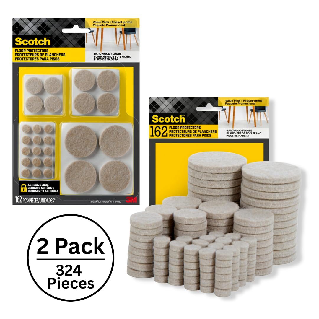 Scotch Felt Pads 162 PCS Beige, Felt Furniture Pads for Protecting Hardwood Floors, Round, Assorted Sizes Value Pack, Self-Stick design, Protecting from nicks, dents and scratches (SP845-NA)