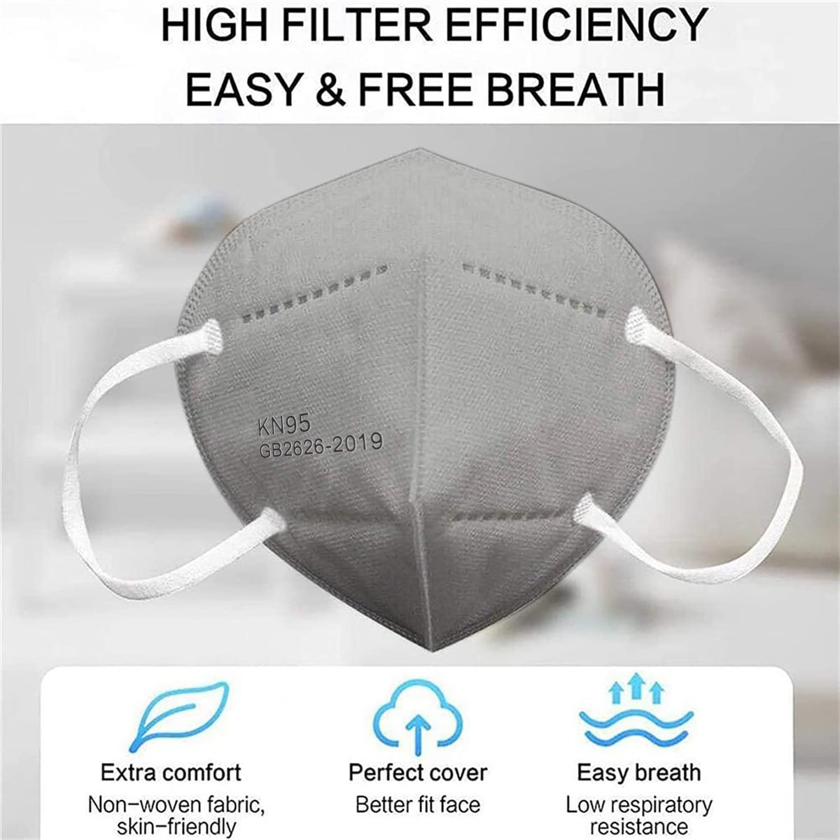 LEMENT 50pcs KN95 Face Mask Black 5-Layer Filter≥95% Cup Dust Safety Masks