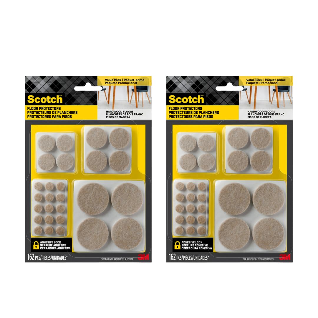 Scotch Felt Pads 162 PCS Beige, Felt Furniture Pads for Protecting Hardwood Floors, Round, Assorted Sizes Value Pack, Self-Stick design, Protecting from nicks, dents and scratches (SP845-NA)
