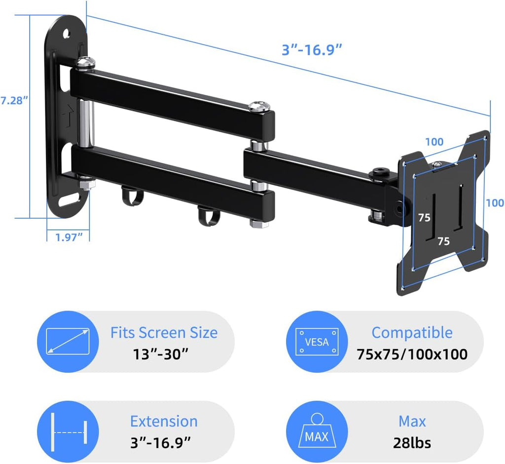 Suptek Full Motion TV Wall Mount Bracket for Most 13-30 inch TVs and Monitors, Flat and Curved TVs up to 28lbs, Tilt Swivel and 16.9 inch Extension, Max VESA 100x100mm, Black, MA2776