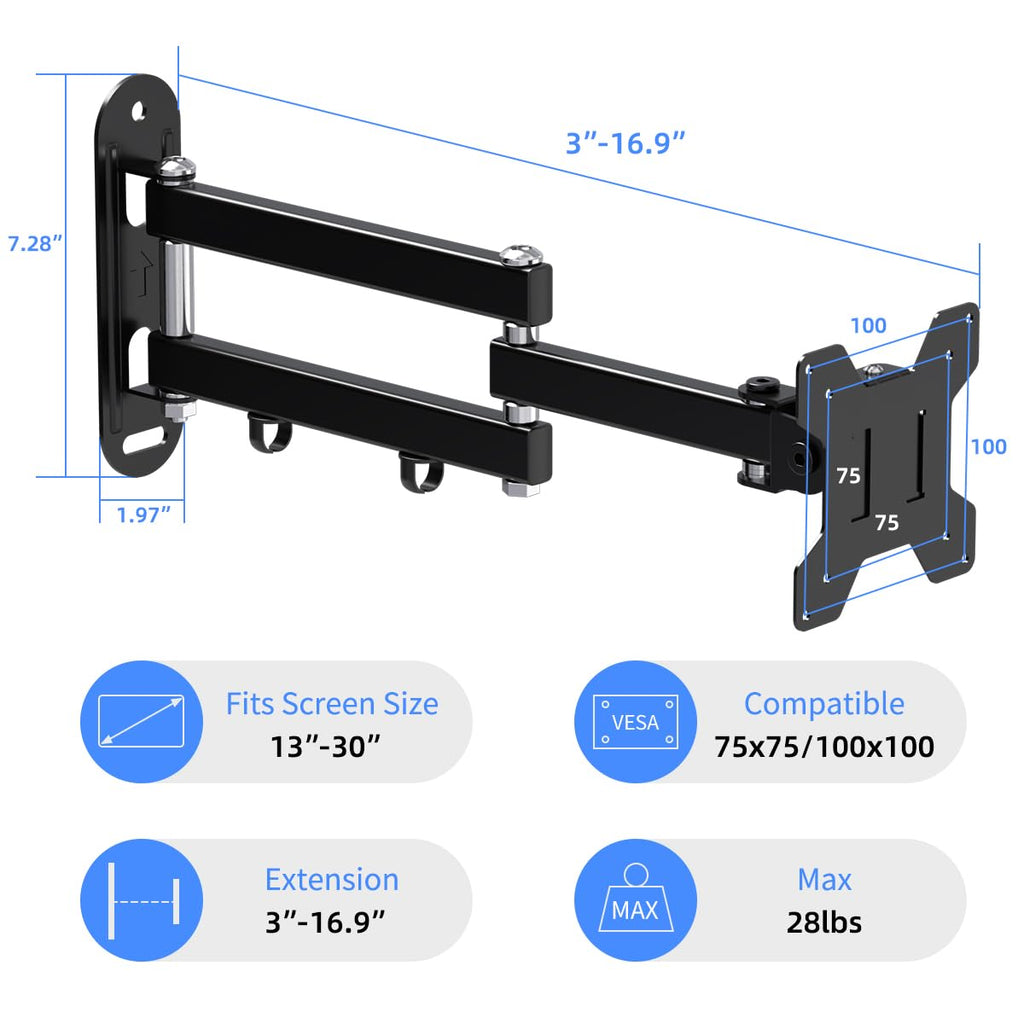 Suptek Full Motion TV Wall Mount Bracket for Most 13-30 inch TVs and Monitors, Flat and Curved TVs up to 28lbs, Tilt Swivel and 16.9 inch Extension, Max VESA 100x100mm, Black, MA2776