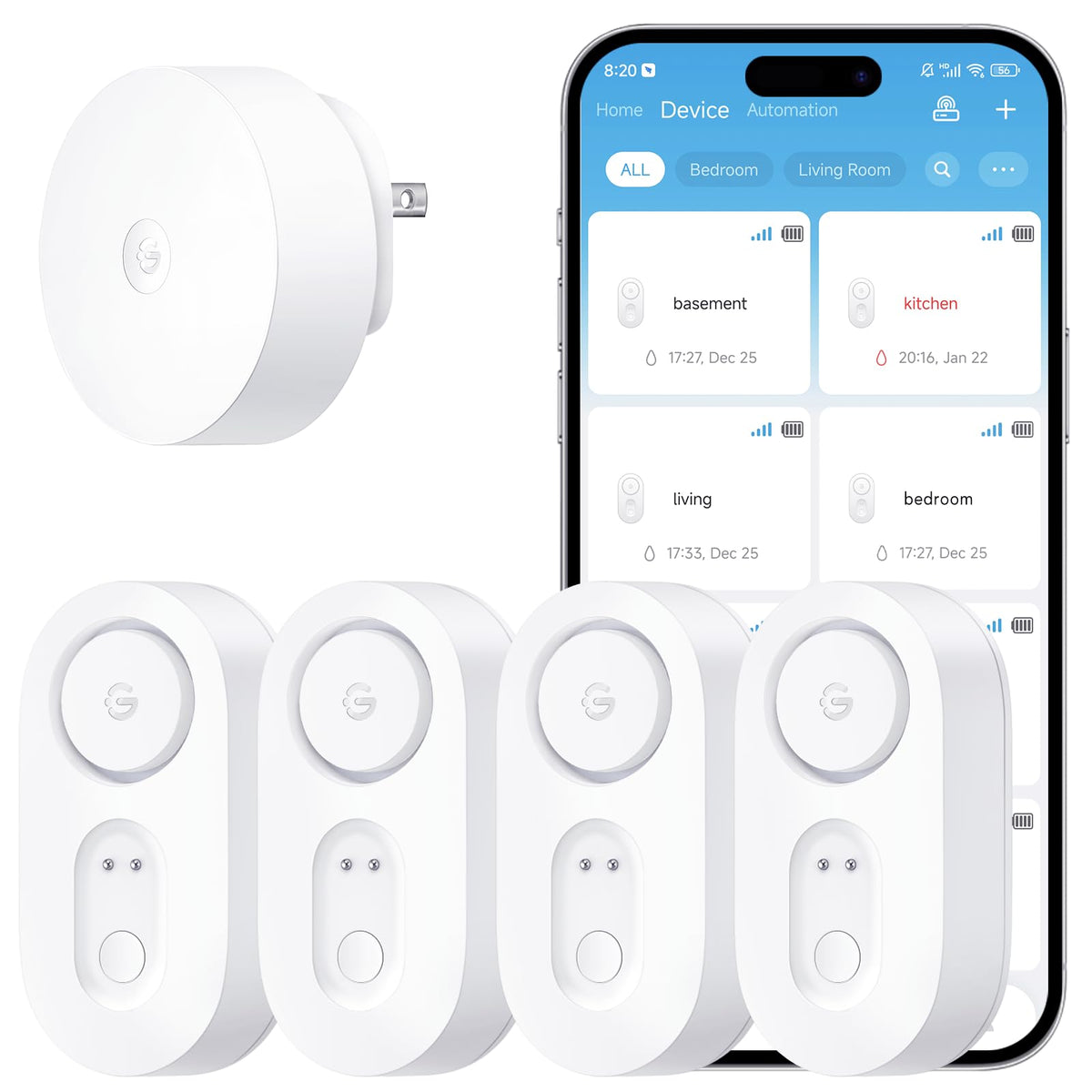 GoveeLife Upgraded Smart Water Leak Detector 1s with High Alarm, 3 Pack