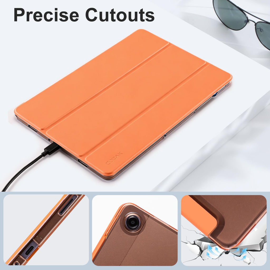 CoBak Case for Samsung Galaxy Tab A11+ Plus 11 Inch 2025/A9+ Plus 2023 - PU Leather Smart Cover with Auto Sleep/Wake for Tab A11+, Translucent Hard Shell, Multi-Viewing Angles, Orange