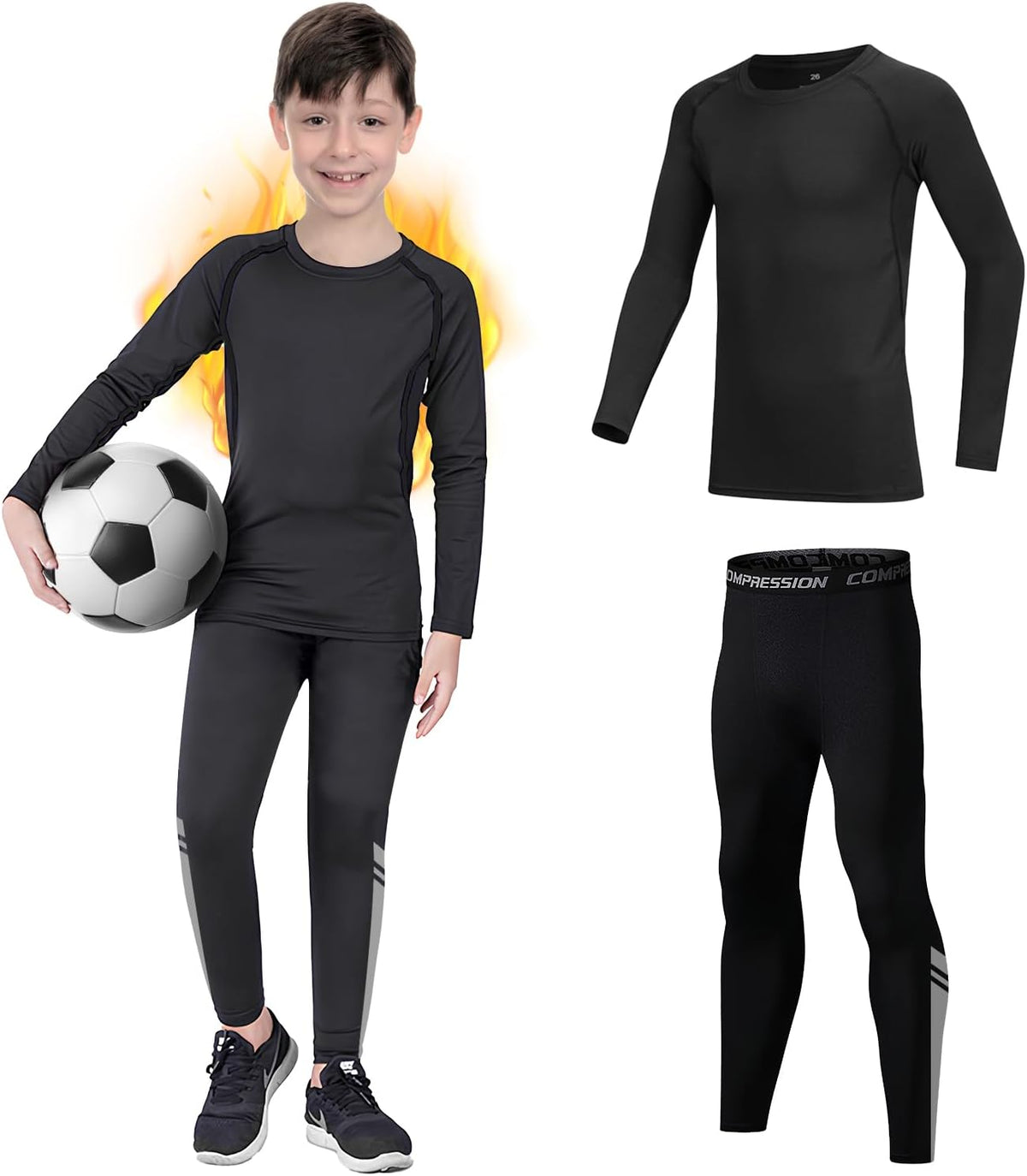 Kids Base Layer - Fleece Lined Athletic football skins, Warm Football Skins Long Sleeve Top and Leggings Compression Set, Reflective Line Thermal Underwear for Biking, Ski & Running