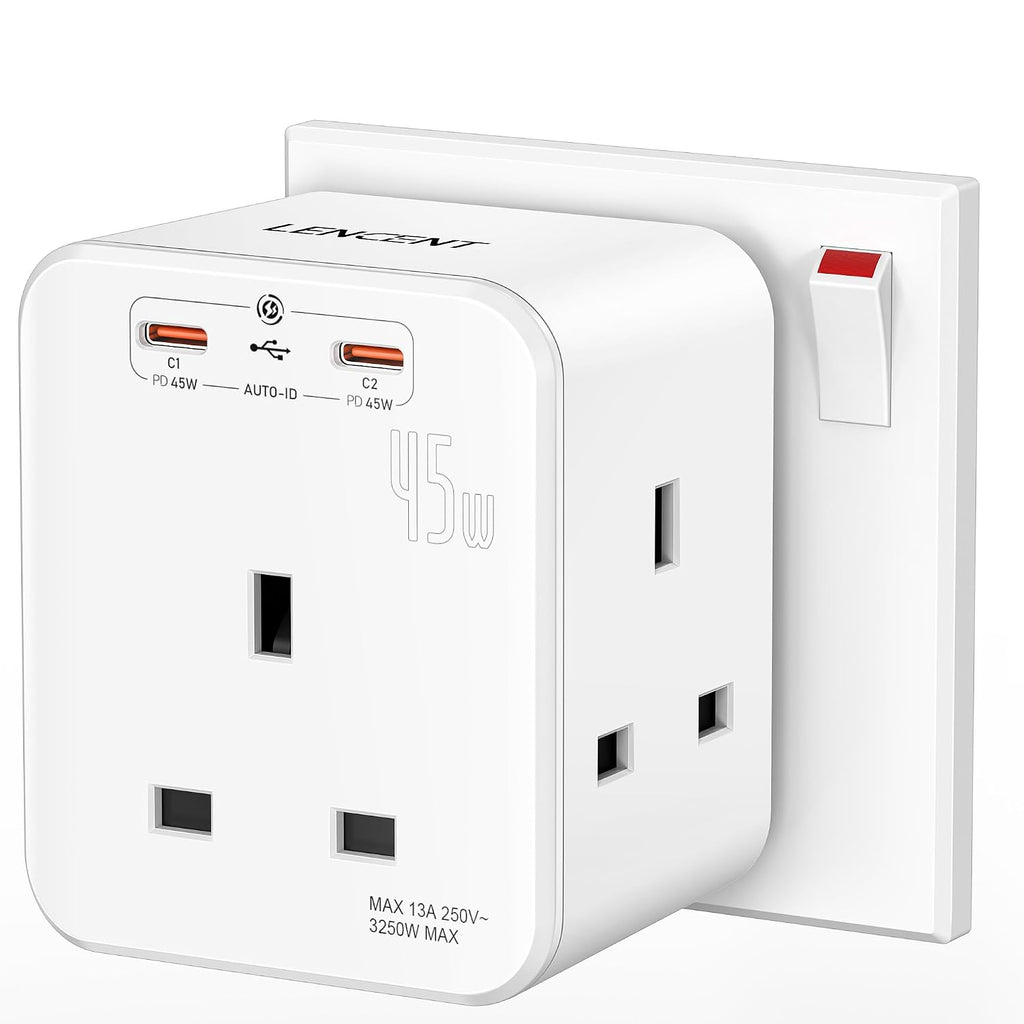 LENCENT 3 Way Plug Extension Socket with 2 Fast Charge USB, PD45W USB C