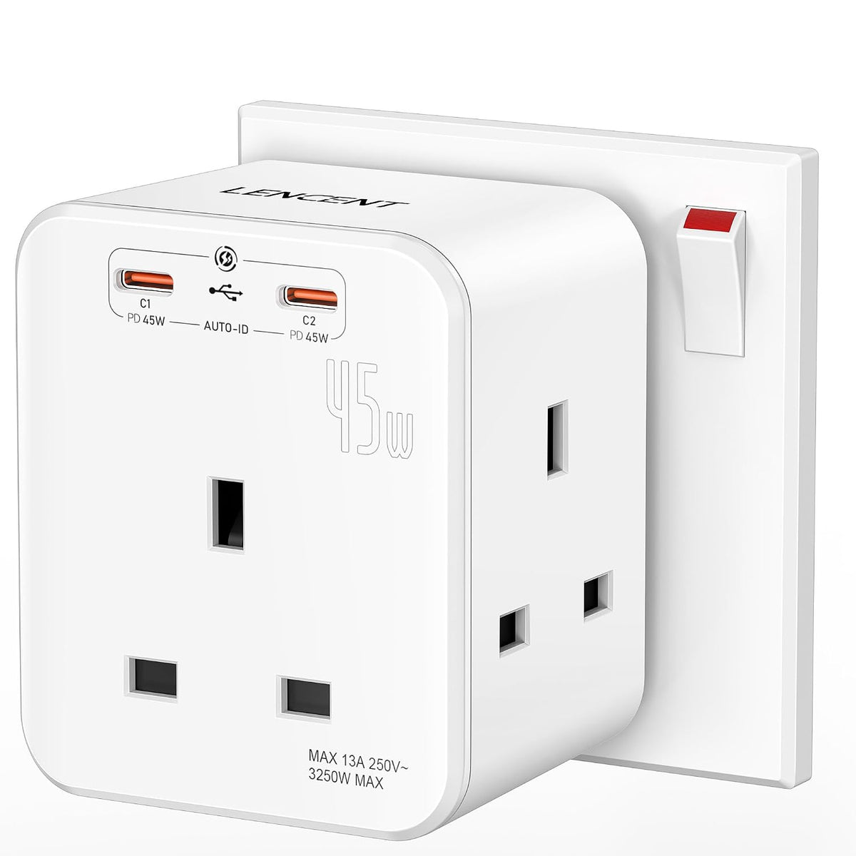 LENCENT 3 Way Plug Extension Socket with 2 Fast Charge USB, PD45W USB C