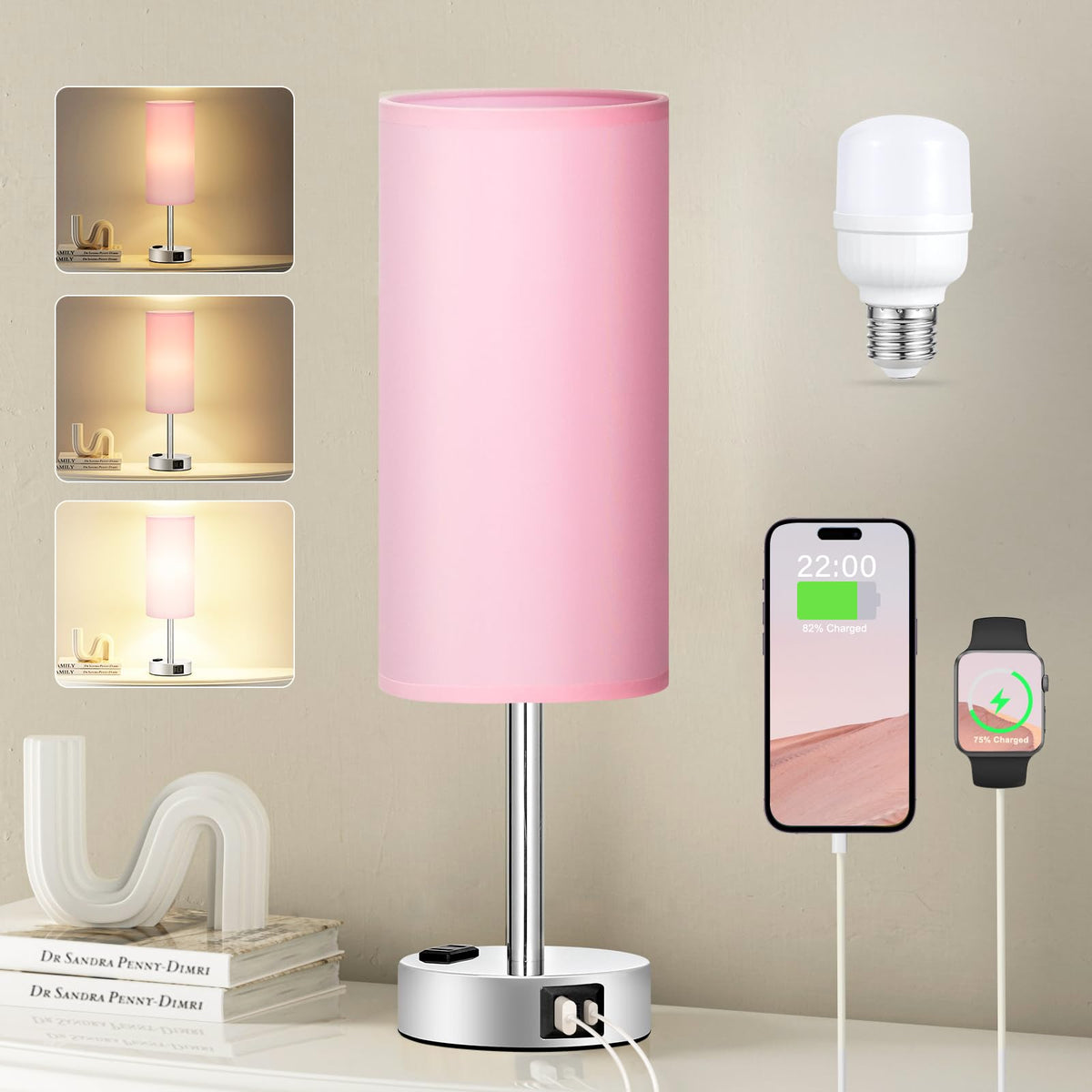 Fenmzee Bedside Table Lamp Set of 2 - Dimmable Touch, USB A+C, AC Outlet