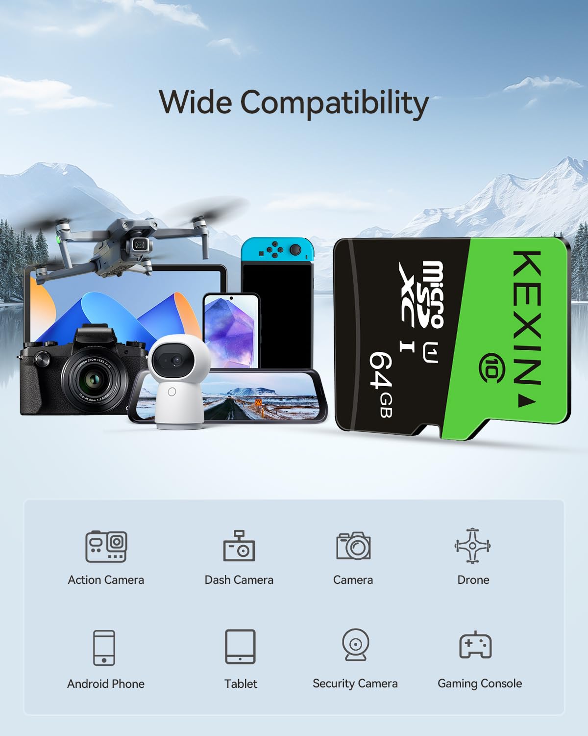 KEXIN Micro SD Card 64GB, MicroSDXC Memory Card UHS-3 Up to 85MB/s Read 30MB/s Write, Class 10 C10 U3 TF Card for Camera, Smartphone, Security System, Drone, Tablet (Black Green)