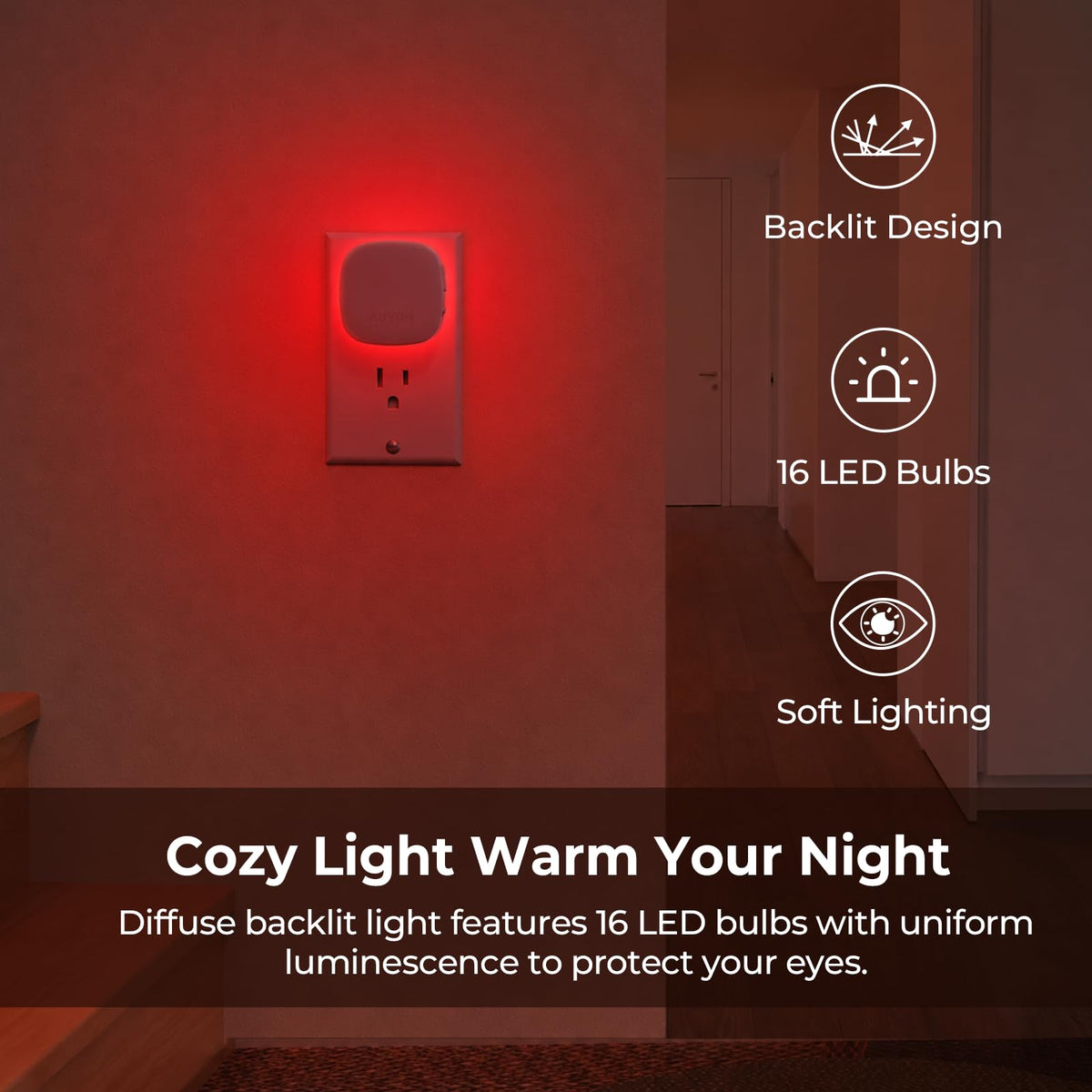 AUVON Plug-in LED Backlit Night Light 4 Packs, Motion & Dusk to Dawn Sensor
