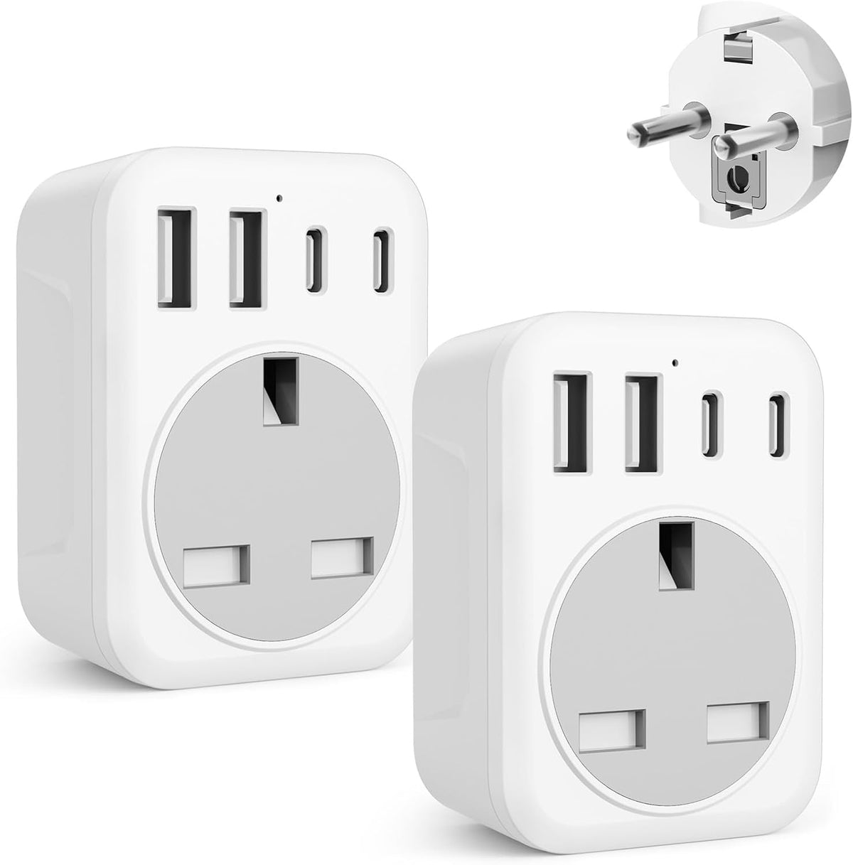 2 Pack UK To European Plug Adapter, 5 IN 1 European Travel Adaptor with 2 USB C & 2 USB A, EU Plug Adapter for Germany Spain France Turkey Greece etc (Type E/F)