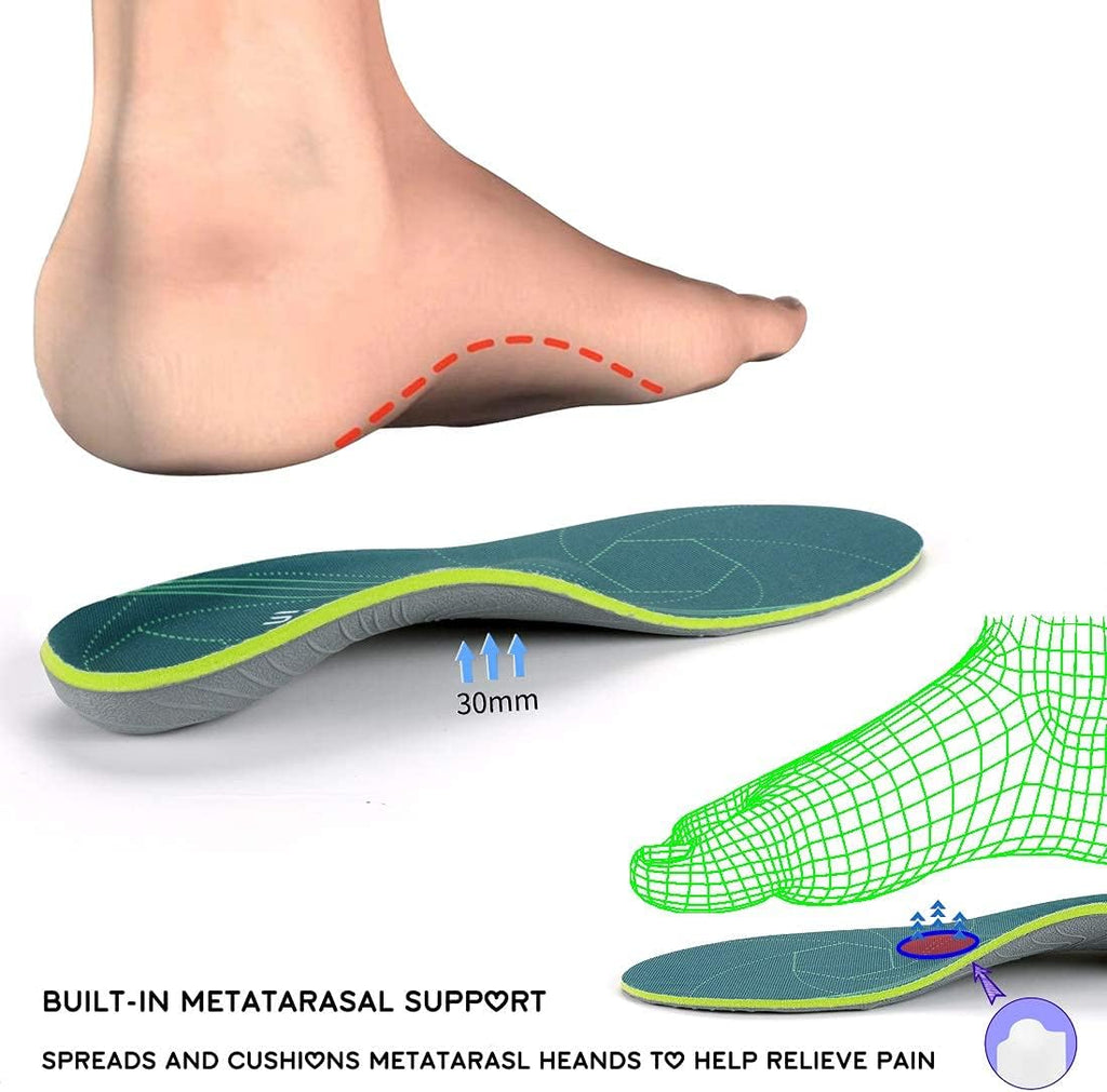 Plantar Fasciitis Arch Support Orthopedic Insoles Relieve Flat Feet Heel Pain Shock Absorption Comfortable Inserts(Size:UK-7,Length:10.25",Green)