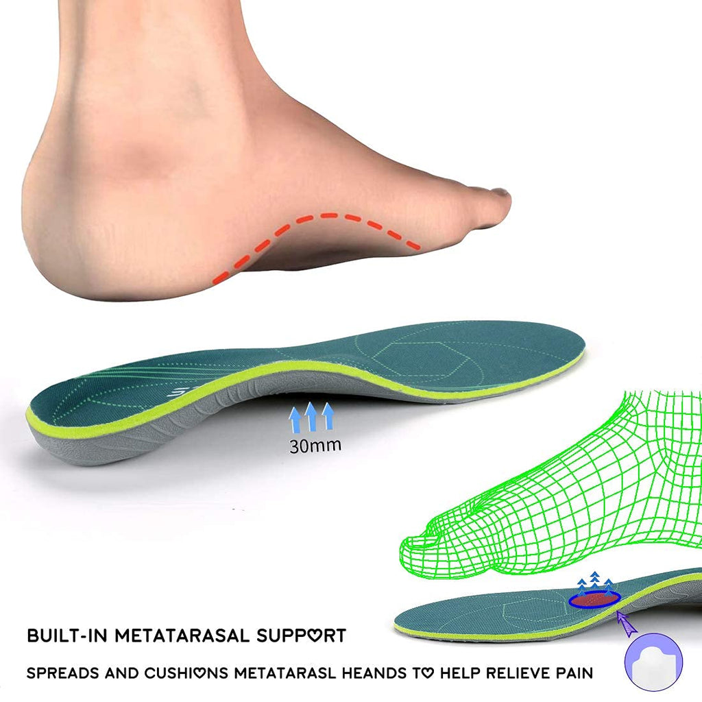 Plantar Fasciitis Arch Support Orthopedic Insoles Relieve Flat Feet Heel Pain Shock Absorption Comfortable Inserts(Size:UK-7,Length:10.25",Green)