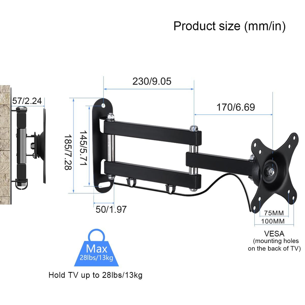 Suptek Full Motion TV Wall Mount Bracket for Most 13-30 inch TVs and Monitors, Flat and Curved TVs up to 28lbs, Tilt Swivel and 16.9 inch Extension, Max VESA 100x100mm, Black, MA2776
