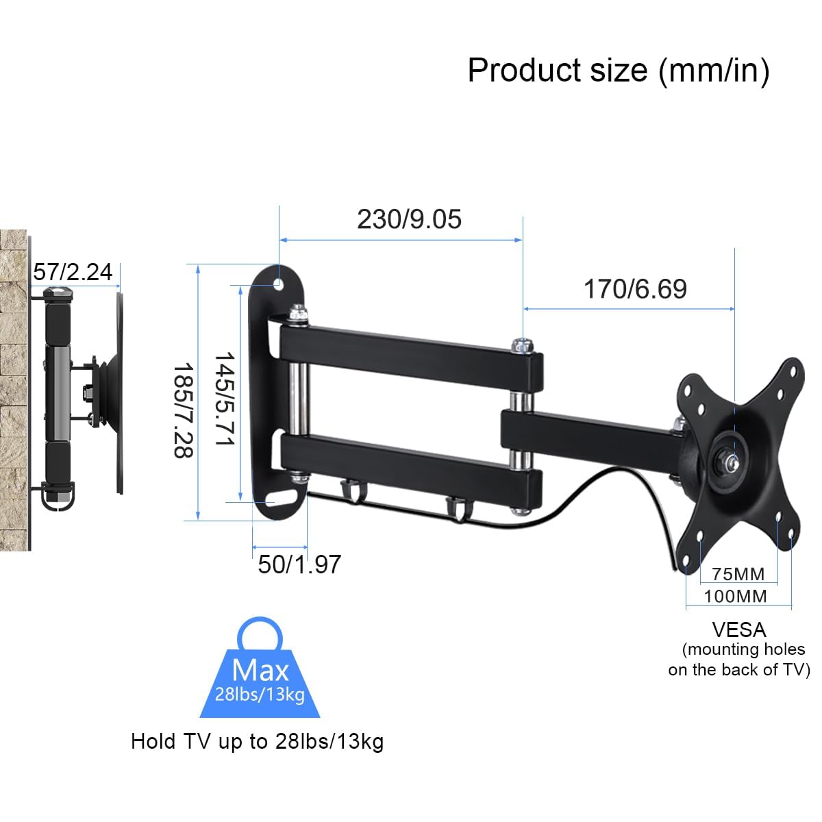 Suptek Full Motion TV Wall Mount Bracket for Most 13-30 inch TVs and Monitors, Flat and Curved TVs up to 28lbs, Tilt Swivel and 16.9 inch Extension, Max VESA 100x100mm, Black, MA2776