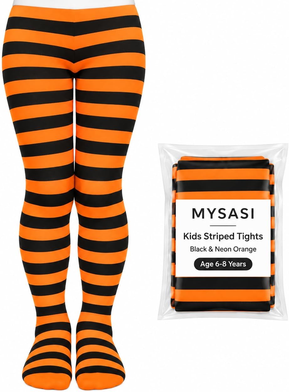 MYSASI Girls Striped Tights – Soft & Stretchy – Ages 6–14 – Perfect for School, Dance, Everyday Wear & Halloween - Kids Striped Machine washable tights - Halloween and party tights for kids