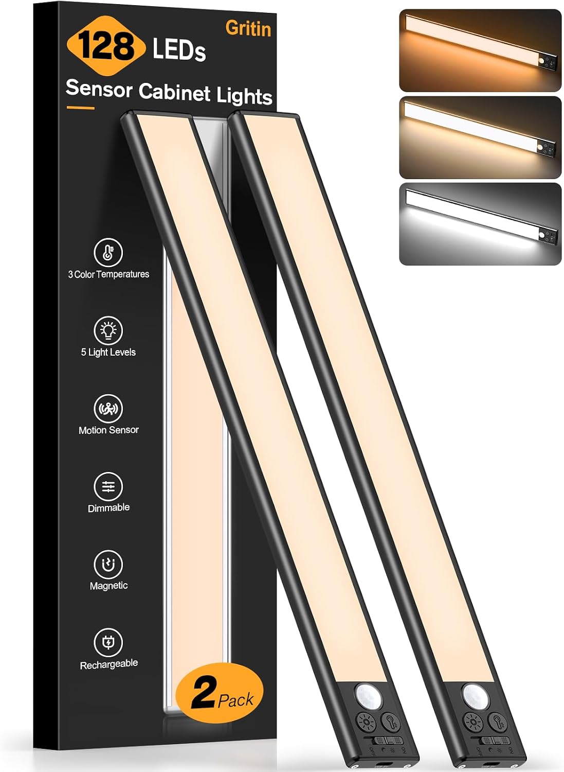 Gritin Under Cabinet Lighting 10.2inch,2 Pack Eye Caring 3-Color 4 Working Modes Dimmable Motion Sensor Light Indoor,Rechargeable Wireless Magnetic Closet Lights Under Counter Light for Kitchen,Stairs
