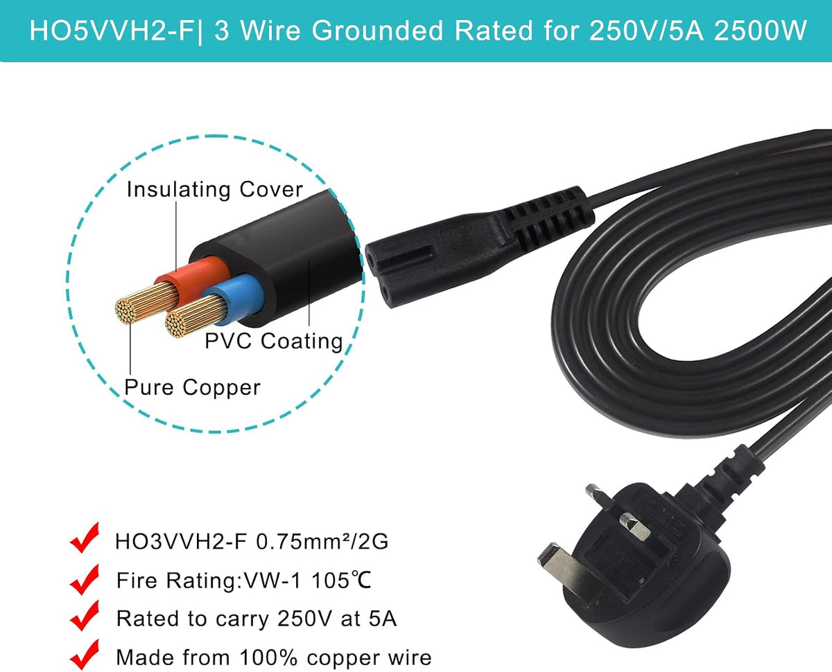 TV power cable 3M, 2 Pin Mains Power Lead Fig Figure 8 UK Power Cable, IEC320C7 to BS 1363 C7 Figure 8 Power Lead compatible with Samsung LG Philips Toshiba TV/Printer/PS4/PS3/PS5…