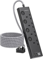 Black Extension Lead with 4 USB Slots(2 USB C), 4 Way Plug Extension Socket