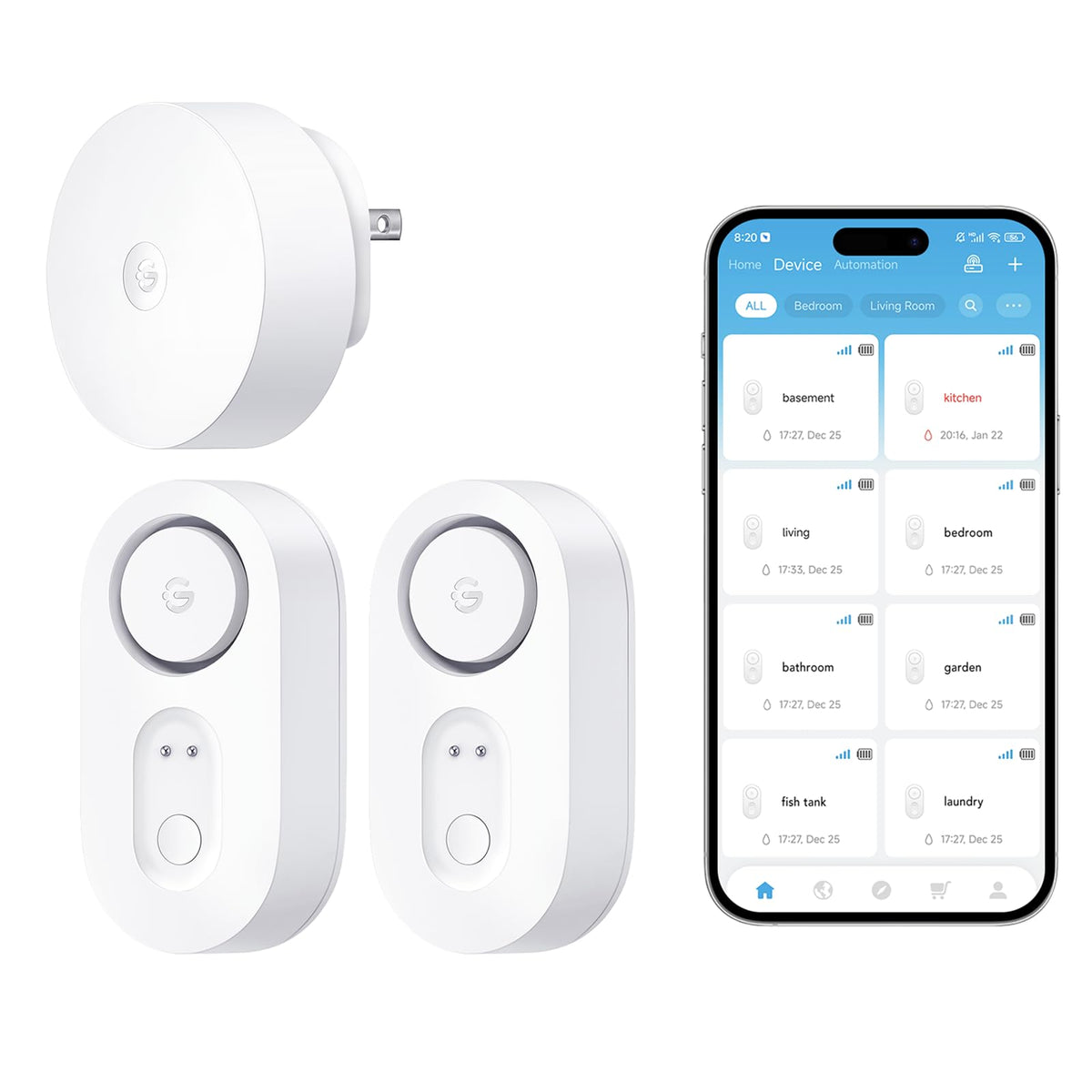 GoveeLife Upgraded Smart Water Leak Detector 1s with High Alarm, 3 Pack