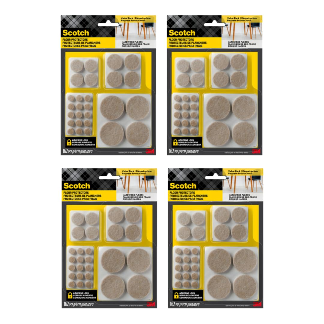 Scotch Felt Pads 162 PCS Beige, Felt Furniture Pads for Protecting Hardwood Floors, Round, Assorted Sizes Value Pack, Self-Stick design, Protecting from nicks, dents and scratches (SP845-NA)