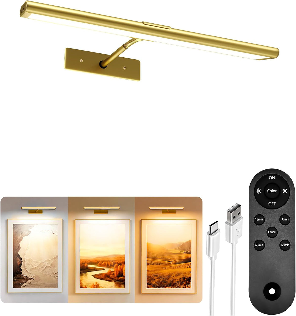 EZVALO Picture Light for Wall, 4800mAh Rechargeable Wireless Gold Light with IR Remote, Dimmable Magnetic LED Art Display Light with 3 Color Temperatures, for Gallery, Living Room, Bedroom(2Pack)