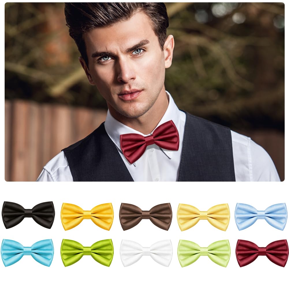 URAQT Men Pre-Tied Solid Satin Bow Tie, Adjustable Formal Bowtie