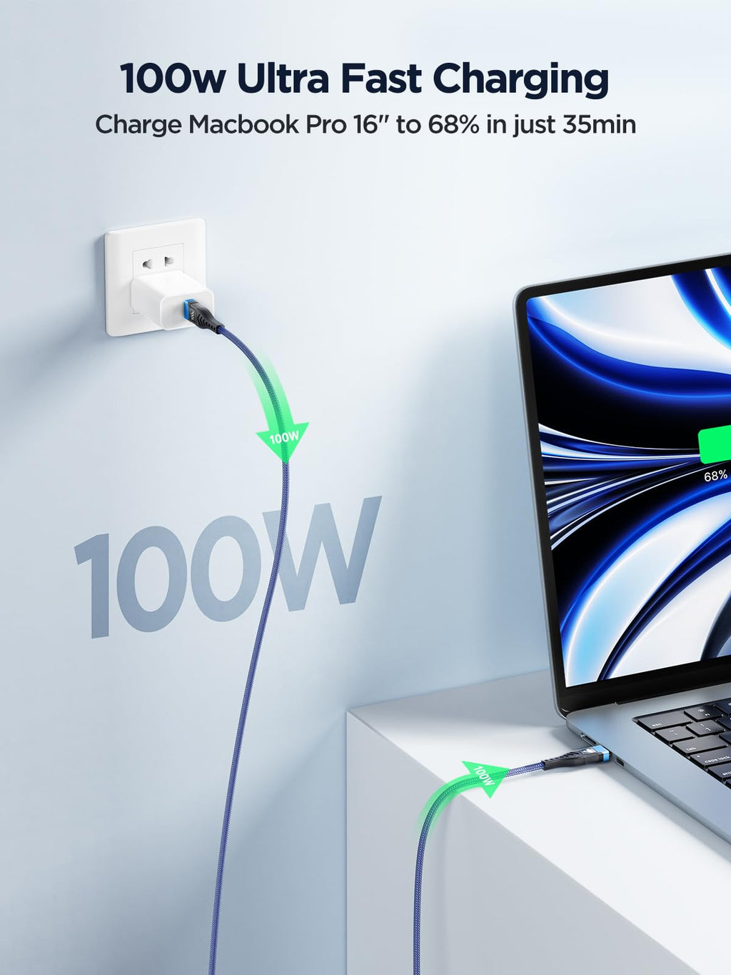 USB-C to C 1M 100W PD3.0 Fast Charging Cable - Compatible with MacBook Pro, iPad Air, iPhone 15, Samsung S23/S22/S21 Ultra, Pixel 7/6, Switch, PS5