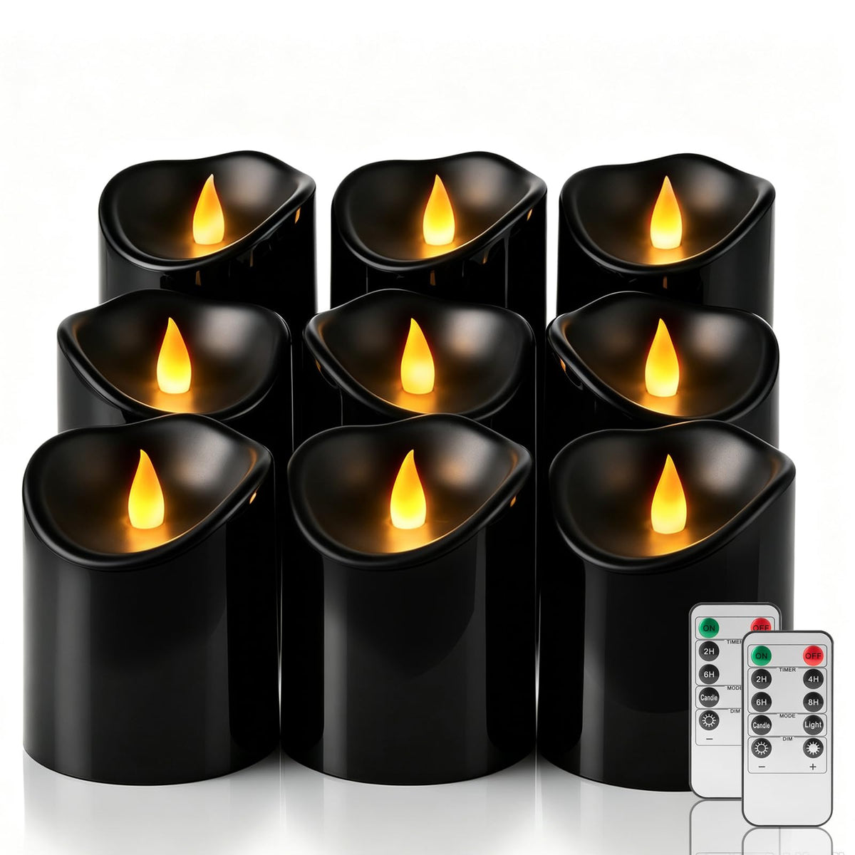 Outdoor Flameless Candles, Patented 3D Dual-LED, Set of 2 Slanted Plastic Pillars with Remote, Waterproof Non-Melting Battery Operated Decor for Bathroom Bedroom Gift, Black (D3 x H6)