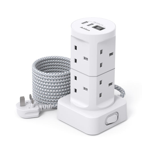 Addtam 3M Tower Extension Lead, 8-Way Multi Plug Extension Tower with 4 USB