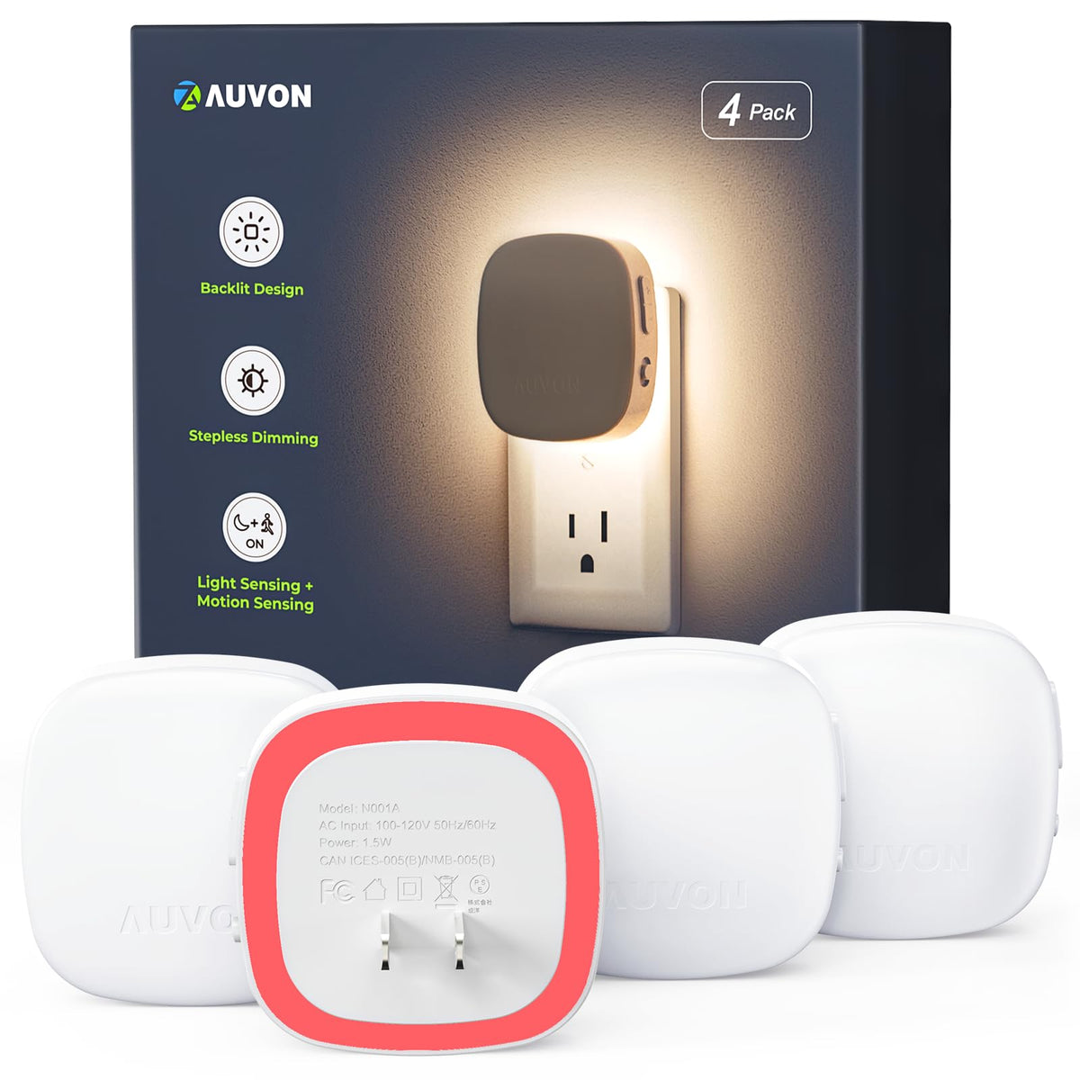 AUVON Plug-in LED Backlit Night Light 4 Packs, Motion & Dusk to Dawn Sensor