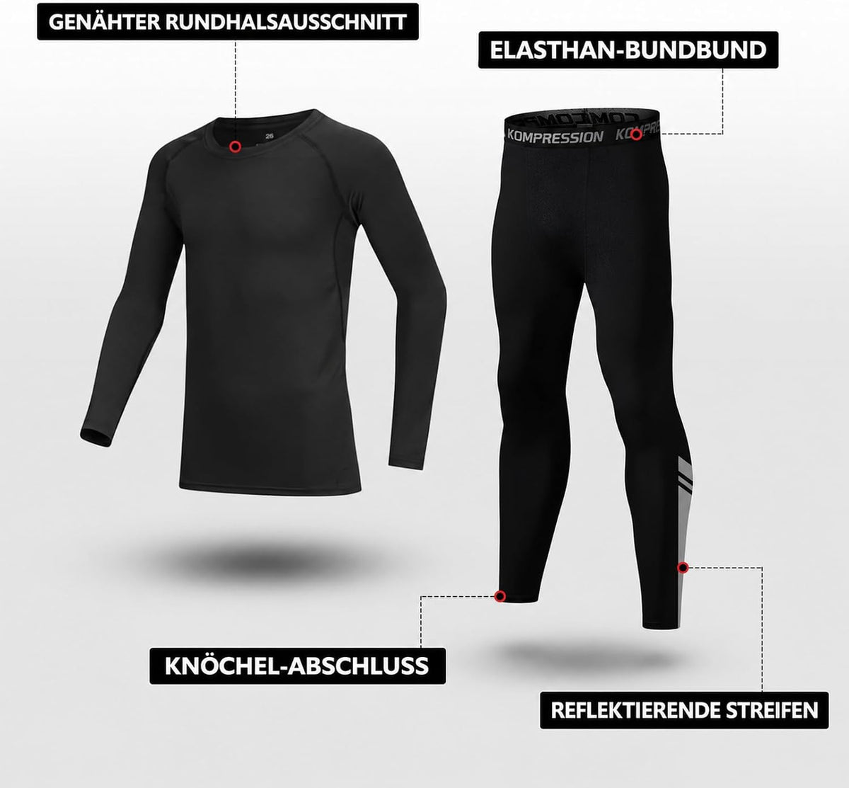 Kids Base Layer - Fleece Lined Athletic football skins, Warm Football Skins Long Sleeve Top and Leggings Compression Set, Reflective Line Thermal Underwear for Biking, Ski & Running