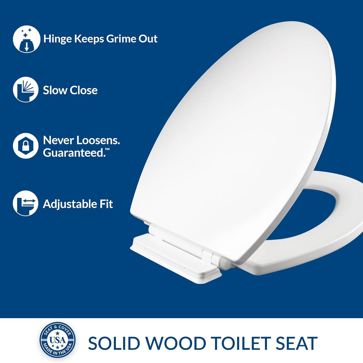 Mayfair Linden Slow Close Toilet Seat, Non Slip Heavy Duty Wood, Easy Install, Elongated, White