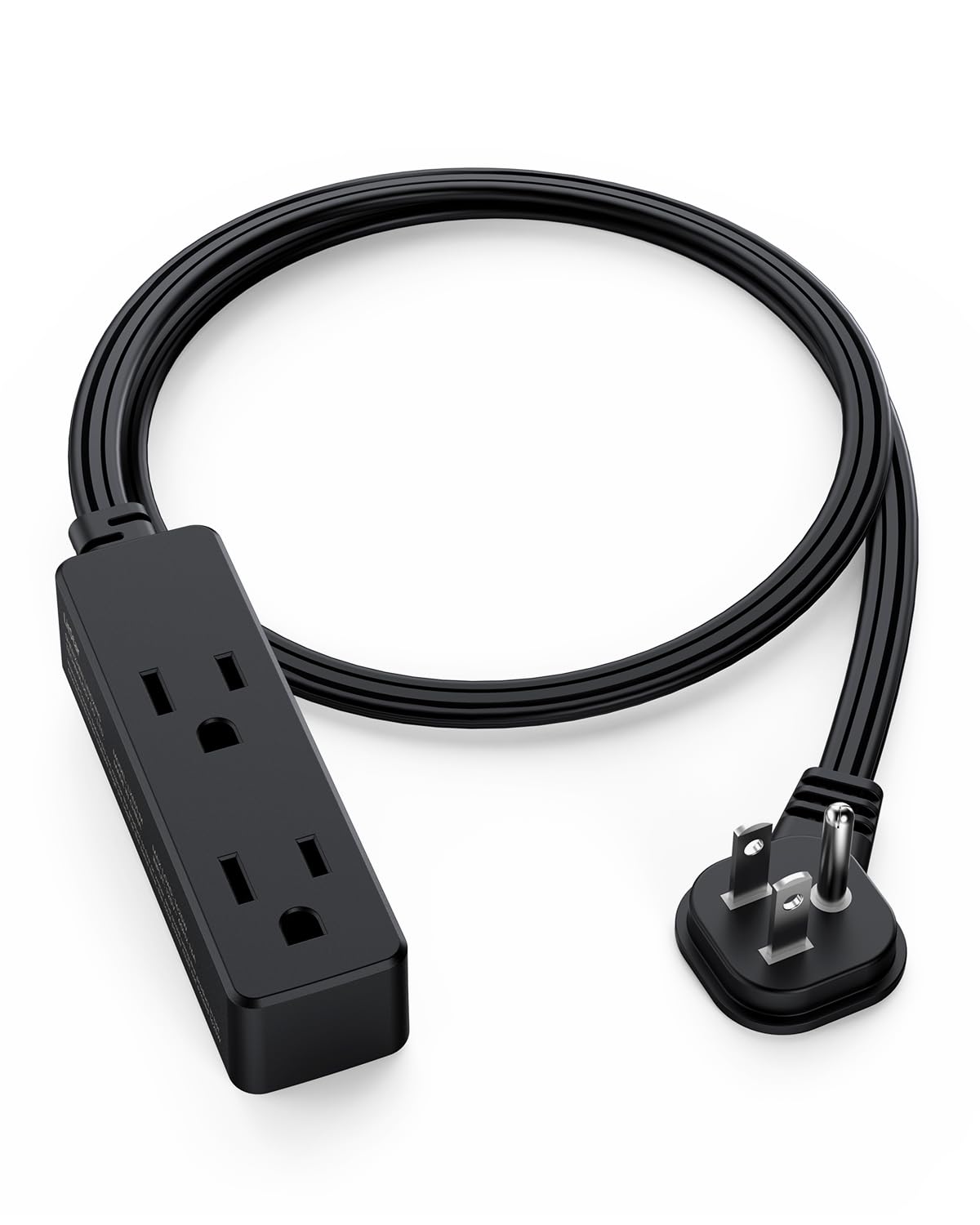 Flat Plug Extension Cord with 3 Outlets - 1Ft Low Profile Indoor 3 Prong Grounded Power Strip for Home Office & Travel - 16 AWG 13A/1625W, Black