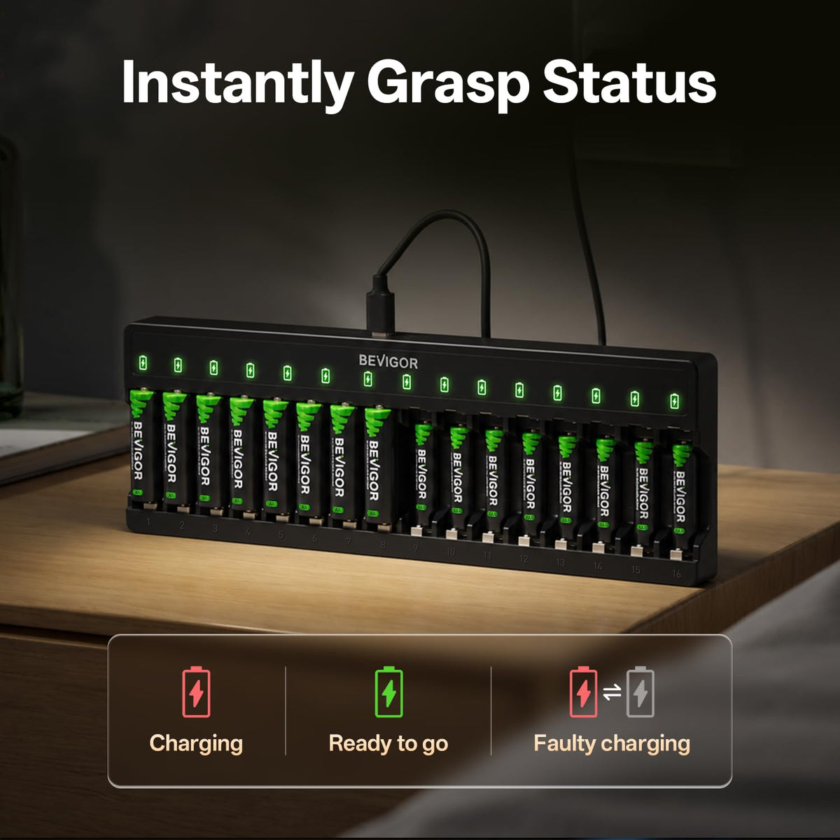 BEVIGOR 12 Slot Battery Charger with 12 Pack AA Rechargeable Batteries