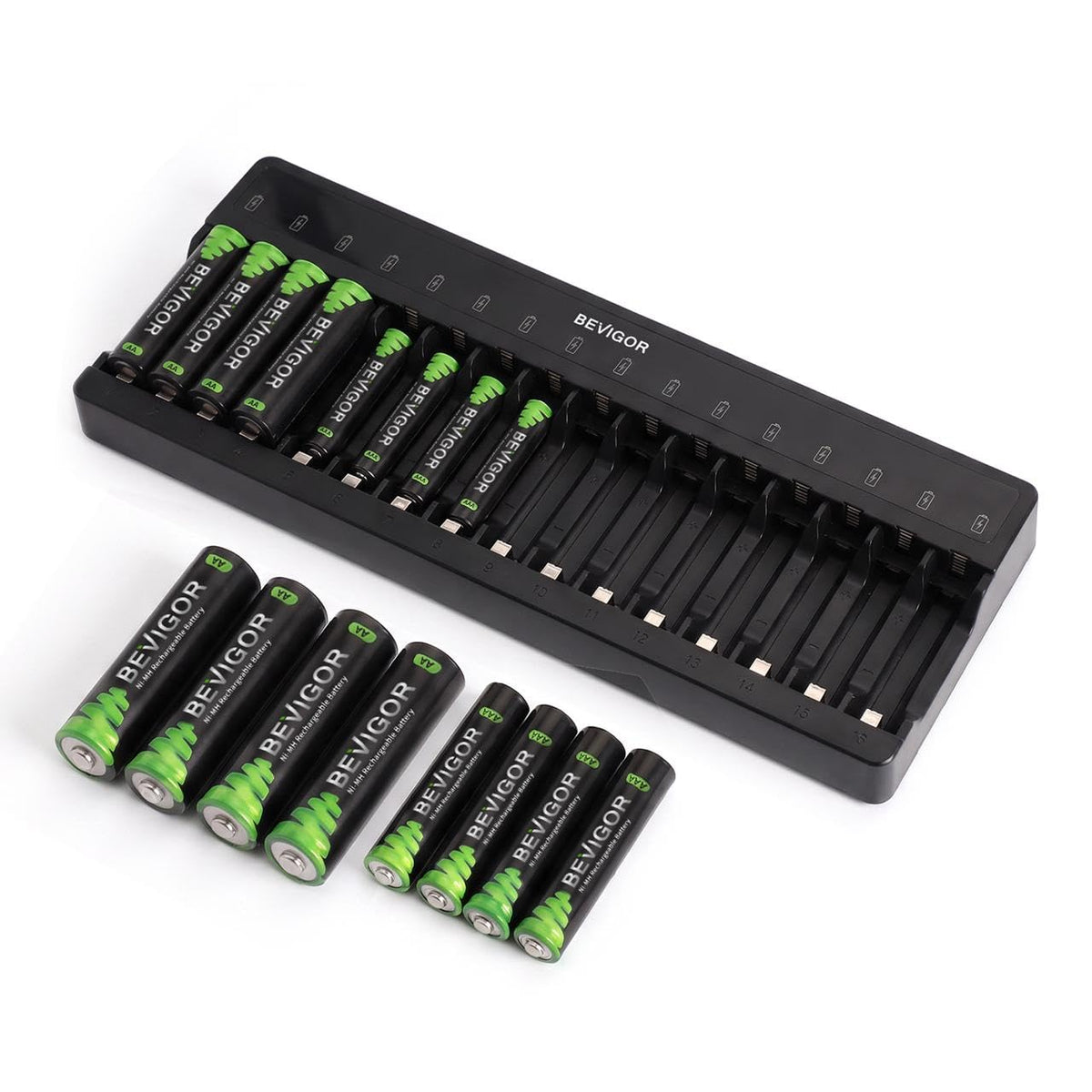 BEVIGOR 12 Slot Battery Charger with 12 Pack AA Rechargeable Batteries